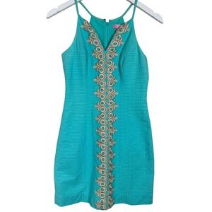 Lilly Pulitzer Pearl Seaside Aqua & Gold Metallic‎ Detail Shift Dress Size 00